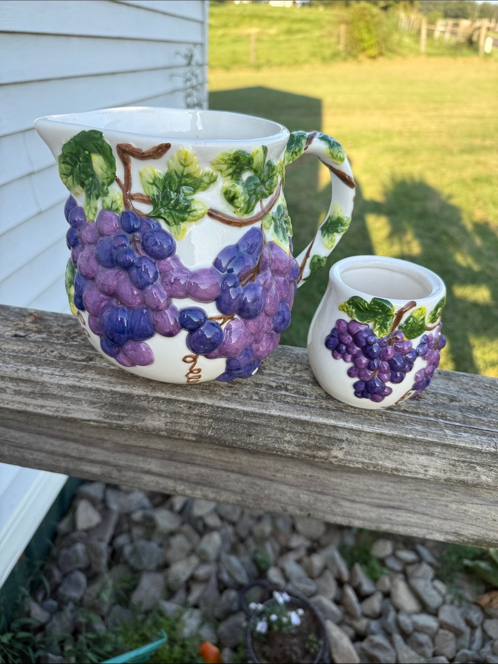 Vintage Grape-Embellished Ceramic Pitcher and Sugar Pot — Purple & Green Wangs I